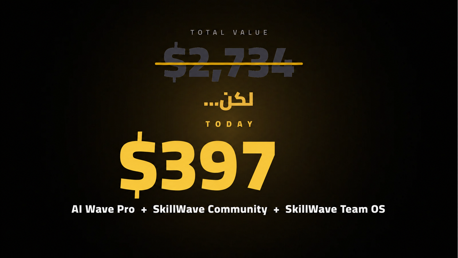 لوحة سعر النظام الكامل من ملف SkillWave الرسمي: القيمة المرجعية الإجمالية 2734 دولارًا، وسعر الانضمام 397 دولارًا، وتشمل AI Wave Pro وSkillWave Community وSkillWave Team OS.